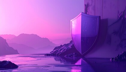 Abandoned concrete bunker glowing with purple light at dusk along a serene coastal landscape