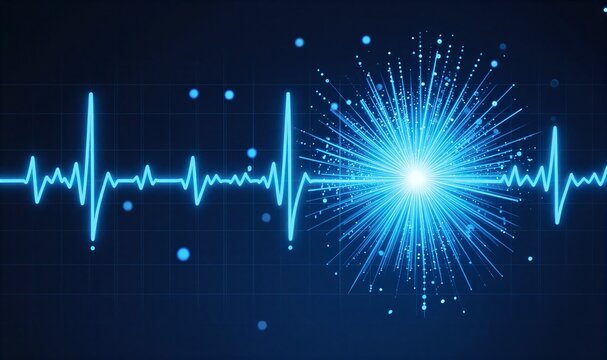 Blue heartbeat line explodes into radiant light, futuristic medical pulse visualization. - Powered by Adobe