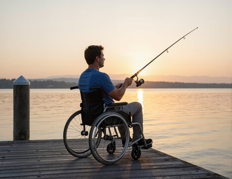 A young caucasian man in a wheelchair enjoys fishing at sunset by the lake, capturing the peaceful moment while sitting on a dock, highlighting inclusivity in outdoor activities