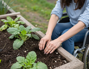 A woman in a wheelchair tends to her vegetable garden, planting seeds in rich soil surrounded by healthy greens, demonstrating resilience and passion for gardening in a beautiful outdoor setting