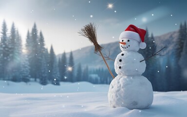 A cheerful snowman wearing a Santa hat stands in a snowy forest during a serene winter snowfall.