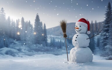 A cheerful snowman wearing a Santa hat stands in a snowy forest on a winter evening with snowflakes falling around him.
