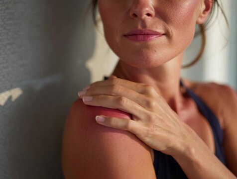 a woman touches her sunburned shoulder