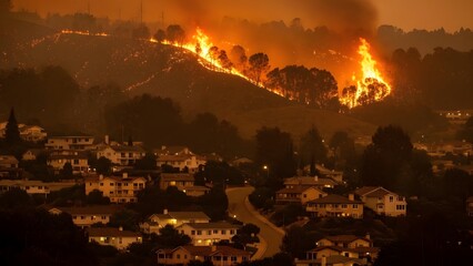Wildfire rages on hillside above suburban homes at dusk flames burning smoke