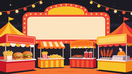 Colorful carnival food stalls with burgers, fries, and drinks at night  