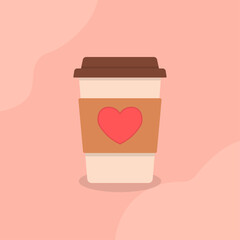 Valentine drink cup illustration. Warm beverage cup form. Cardboard sleeve with heart cutout. Clean flat shading style. Cozy romantic drink theme.