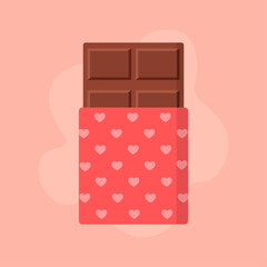 Valentine chocolate bar illustration. Bar sliding from decorative sleeve. Repeating tiny heart pattern detail. Smooth flat color blocks. Cozy romantic chocolate theme.