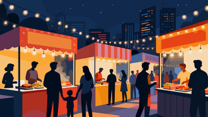 People enjoying vibrant carnival street food at night market festival  