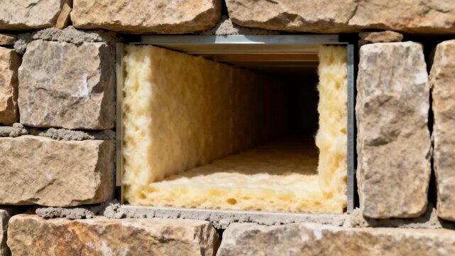 Medium shot of doubleskin stone wall construction focusing on the gap between layers that boosts thermal insulation and reduces energy loss.