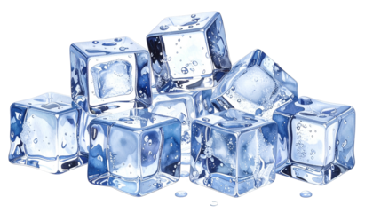 Realistic illustration of a pile of clear, glistening ice cubes against a black background