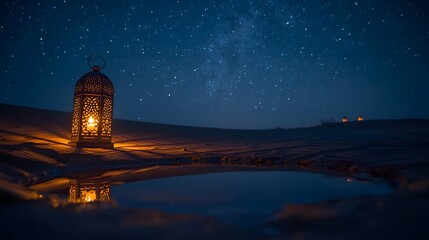 Serene Sand Dunes at Night with Vintage Lantern Light near Calm Water - Traditional Ramadan Concept