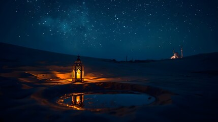 Blue Hour Desert Landscape with Illuminated Arabic Lamp and Water Reflection - Spiritual Night Scene