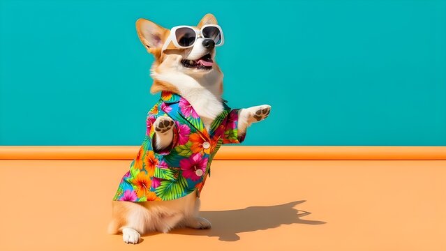 Mascota feliz con gafas de sol y colorido traje de moda bailando sobre fondo de dos colores con espacio para copiar.
 Concepto creativo de animales de fiesta nocturna divertida.
 IA generativa.