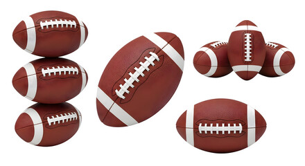Collection of american footballs in various poses isolated on transparent background