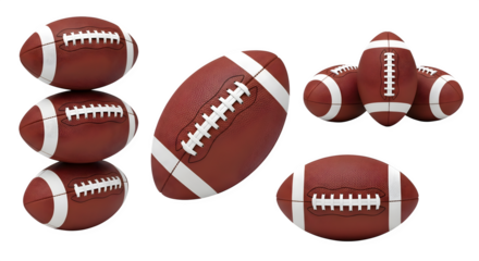 Collection of american footballs in various poses isolated on transparent background