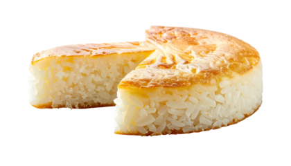 A circular rice cake with a golden-brown crust and a wedge cut out