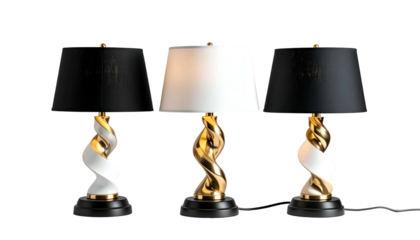 Three ornate lamps with spiral bases and contrasting shades sit against a black backdrop