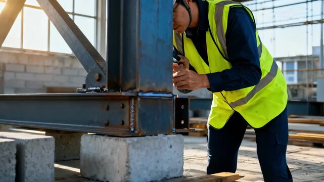 Engineer conducting detailed quality audit of building materials examining structural integrity in a welllit construction environment.