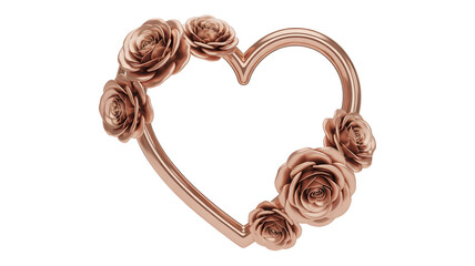 Elegant rose gold metallic heart frame decorated with blooming roses, professional cut-out with transparency for romantic invitations.