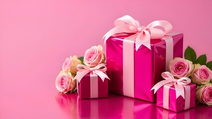 Shiny Pink Gift Boxes with Roses Romantic Flat Composition