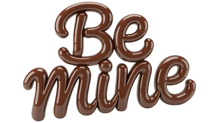 Glossy 3D milk chocolate Be Mine script for Valentine's Day confectionery branding, isolated subject with PNG with alpha channel.