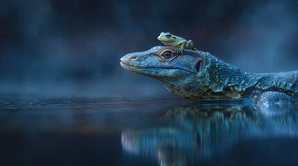 Fototapeta premium Tiny Frog Riding Crocodile at Night