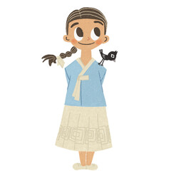 Cute girl in blue hanbok with a small bird, warm hand-drawn style illustration on transparent background.