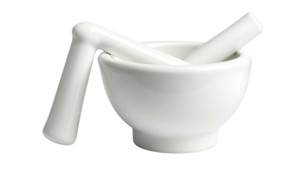 A white ceramic mortar and pestle, used for grinding and crushing, sits in profile