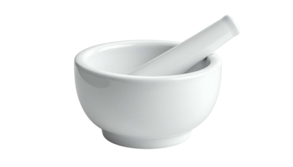 White mortar and pestle at a slight angle, isolated against a dark, featureless backdrop