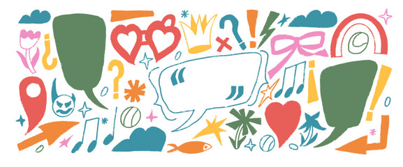 Crayon funky doodles elements set. Speech bubbles text boxes with arrow, crown, heart lockets. Callouts with inverted spanish punctuation mark. Flowers, vector naive scribbles isolated no background.