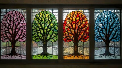 Stained Glass Trees in Four Seasons ?Colorful Artistic Window Design