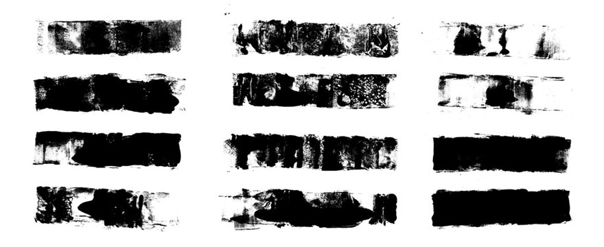 Linocut texture lines. Ink roller long stripes background. Grunge letterpress rectangles. Dry black brayer stroke isolated on white background. Painted relief stain. Vector lino illustration isolated.