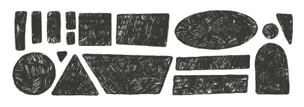 Geometric shapes text boxes. Black grunge hand drawn figures noise set. Ink rolled grainy textured frames. Oval, rectangle, triangle chalk crayon callouts geometry figures. Vector charcoal shapes.
