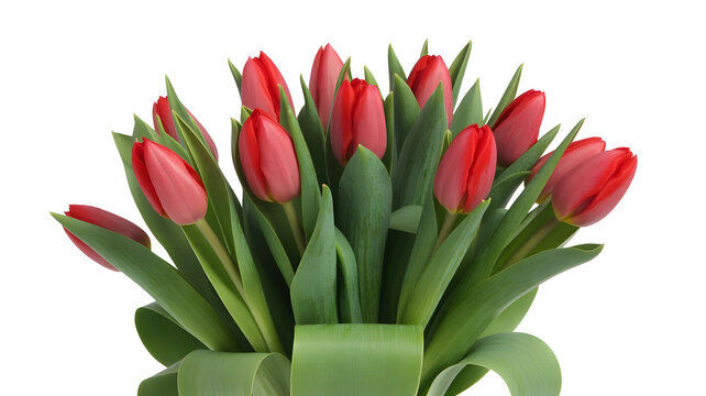 Close-up bouquet of vibrant red tulips with elegant green leaves, high-quality cut-out with PNG with alpha channel for spring themes.