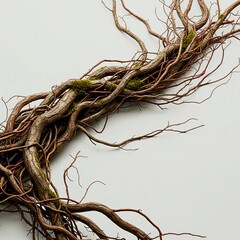 Gnarled natural vine arrangement with delicate twigs and moss patches. 