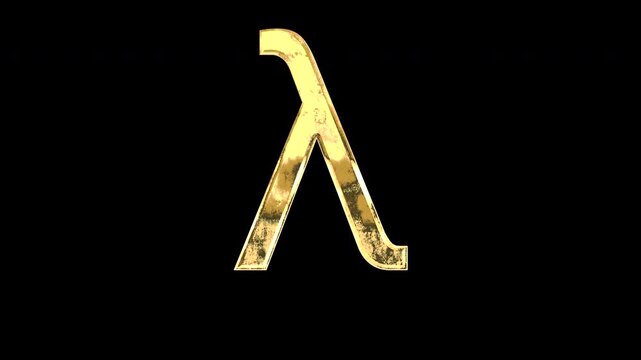 Gold Greek lowercase alphabet &ldquo;&lambda;&rdquo;, light reflecting and patterns shifting, alpha channel