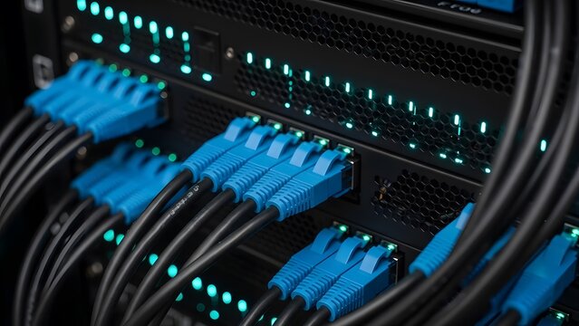Intricate network cabling connecting multiple devices in a bustling data server rack - Powered by Adobe