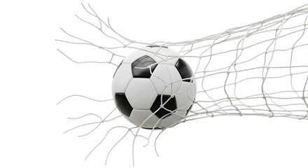 Soccer ball impacting a net with dynamic motion lines isolated on transparent background