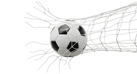 Soccer ball impacting a net with dynamic motion lines isolated on transparent background