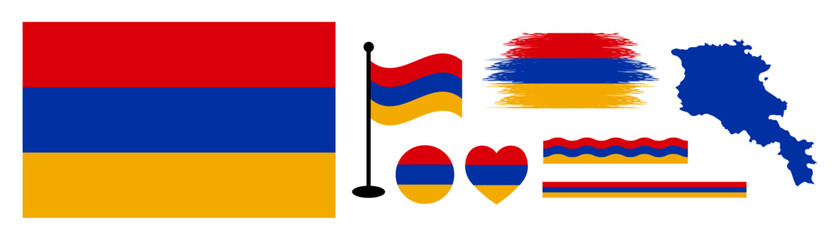 Obraz premium Armenia Flag Bundle design or Elements Collection set. National Symbols Set Featuring Official Armenia Map Silhouette, Heart Icon, Waving Flag on Pole, Round Badge, and Artistic Paint Brush Strokes.