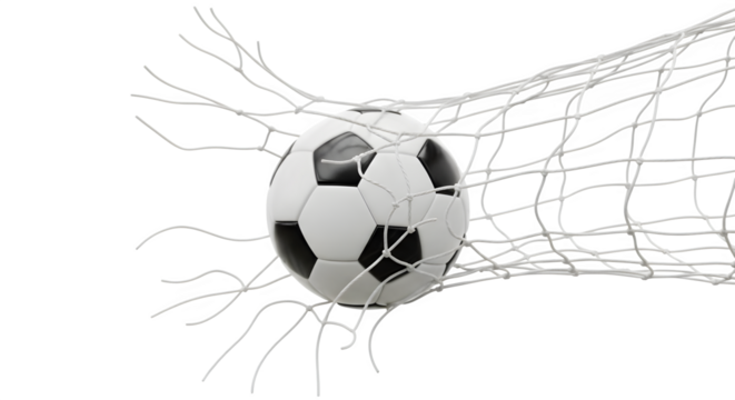 Soccer ball impacting a net with dynamic motion lines isolated on transparent background - Powered by Adobe