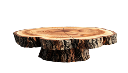 A detailed image of a cross-section of a tree trunk, used as a pedestal against black