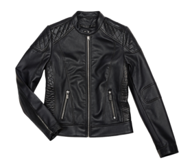 Stylish black leather jacket with quilted details and silver zippers for a sleek look