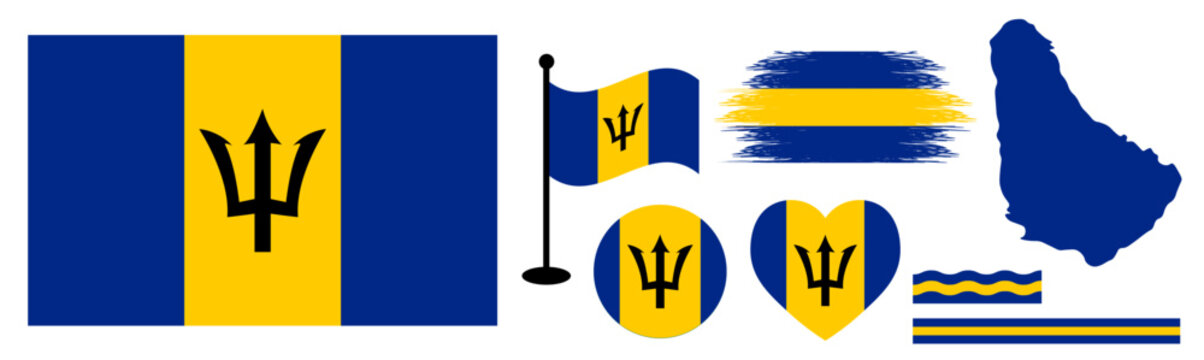Barbados National Flag design Elements Collection set. Includes Barbados Official Flag, Map Silhouette, Waving Flag, Heart and Circle Icons, and Artistic Brush Stroke Designs.