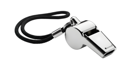 Silver sports whistle with black lanyard isolated on transparent background