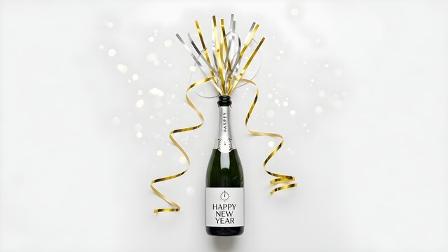 Chamagne bottle with party streamers. Party minimal concept. New Year countdown.