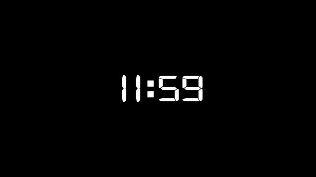 Digital timer number icon animation . Digital clock with time 11 hours 59 minutes on black background.