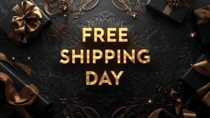 A promotional image advertising free shipping with gifts and gold accents on a dark background