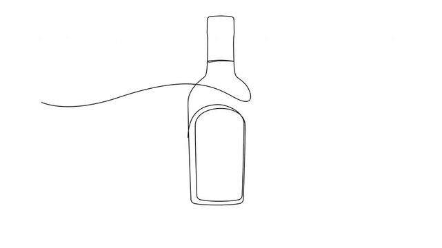 Self drawing animation of whiskey bottle drawn with continuous one line. Bourbon, scotch or brandy animated minimalist design. Hand drawn linear symbol.