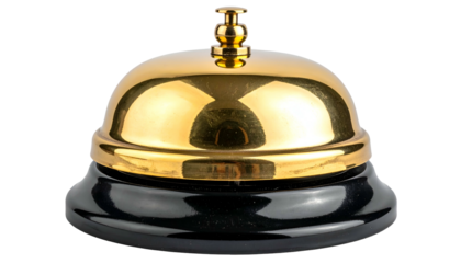 A classic polished gold bell on a black base, ready to be rung. Clear background